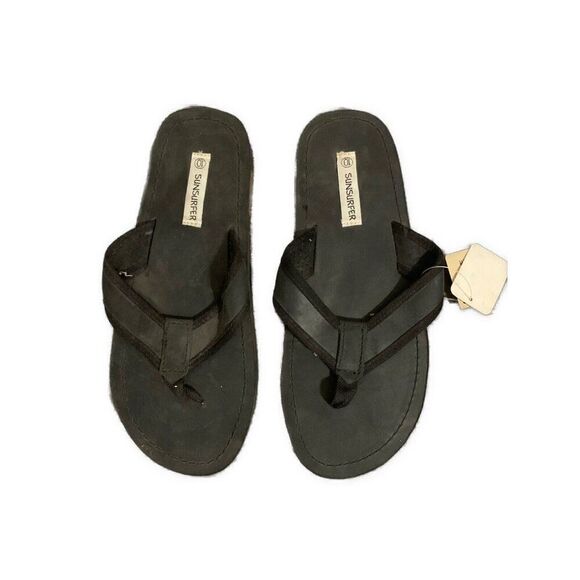 Sunsurfer Mens New Solid Black Genuine Leather Flip Flops Sandals 10 - Picture 1 of 5